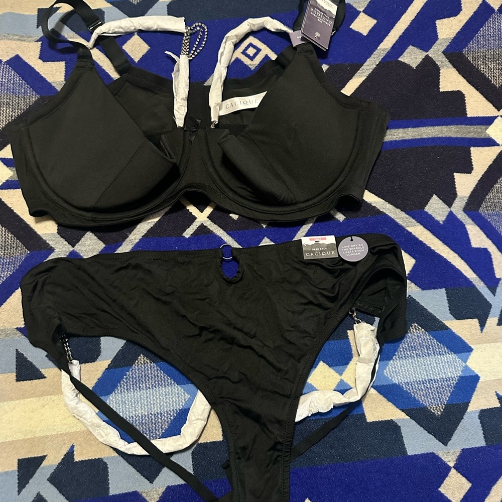 Cacique Black Jeweled strapped bra and thong set